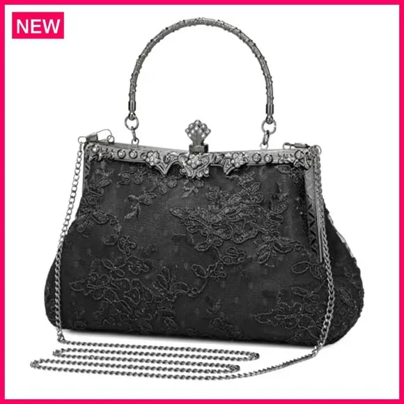 Vintage Lace Floral Clutch Evening Bag with Detachable Chain - Picture 2 of 8